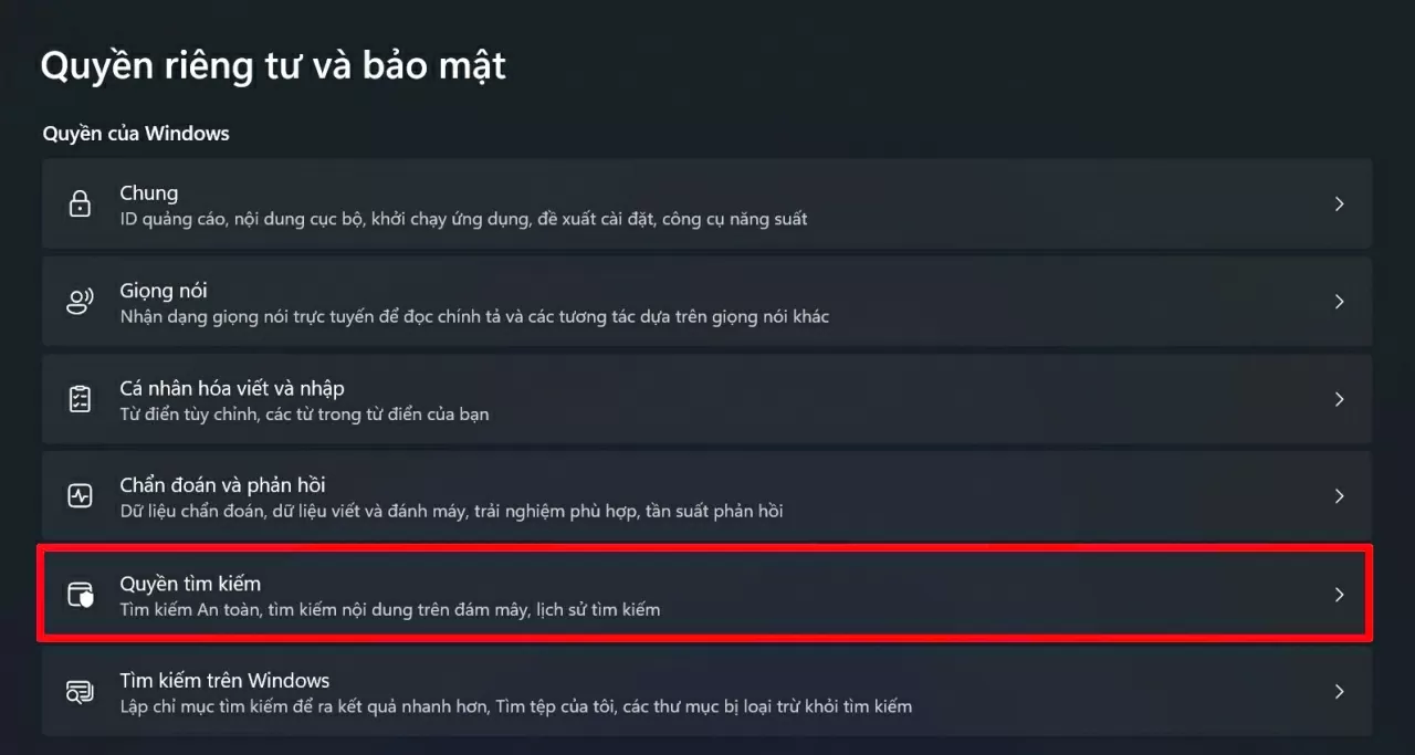 Chọn Quyền tìm kiếm