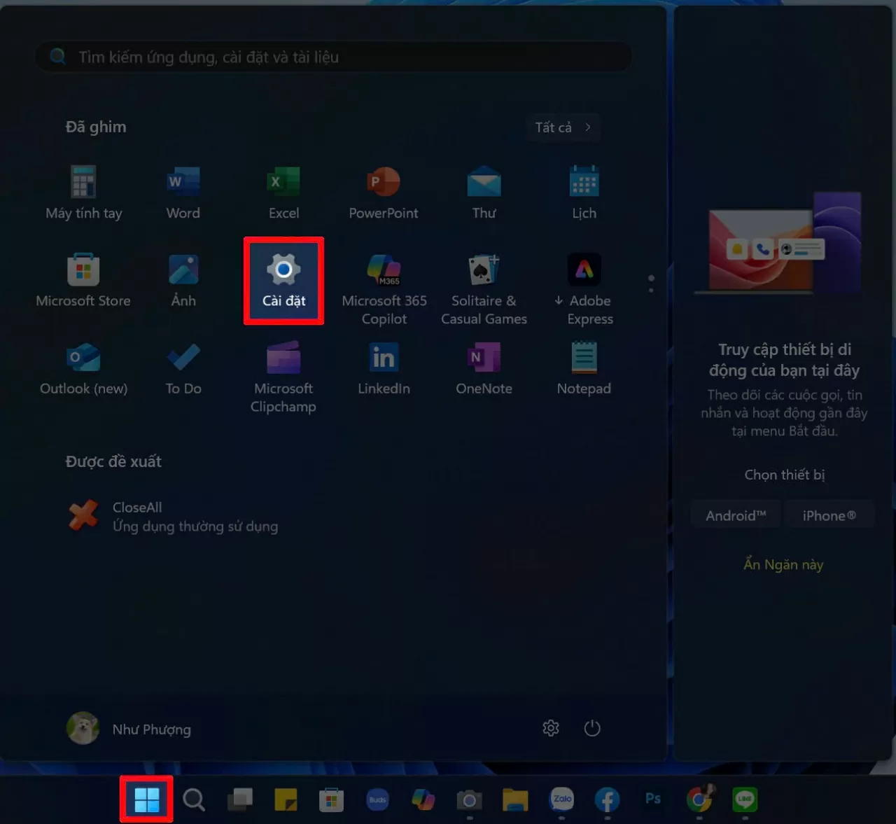 Chọn Cài đặt để mở trung tâm thiết lập hệ thống.