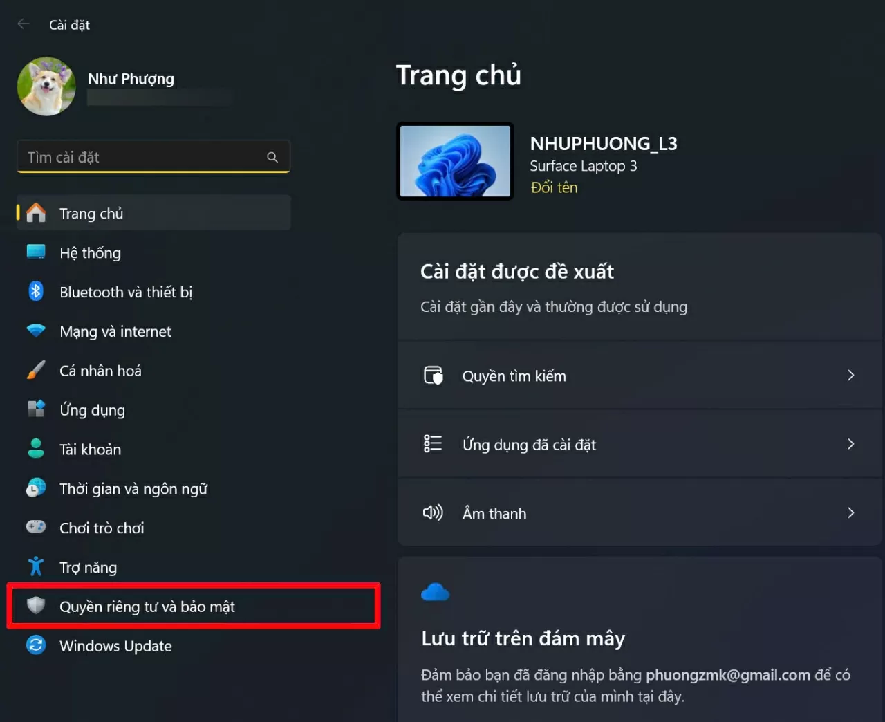 Truy cập mục Quyền riêng tư & bảo mật