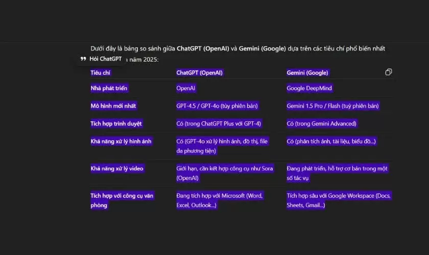 Chọn toàn bộ bảng trên ChatGPT