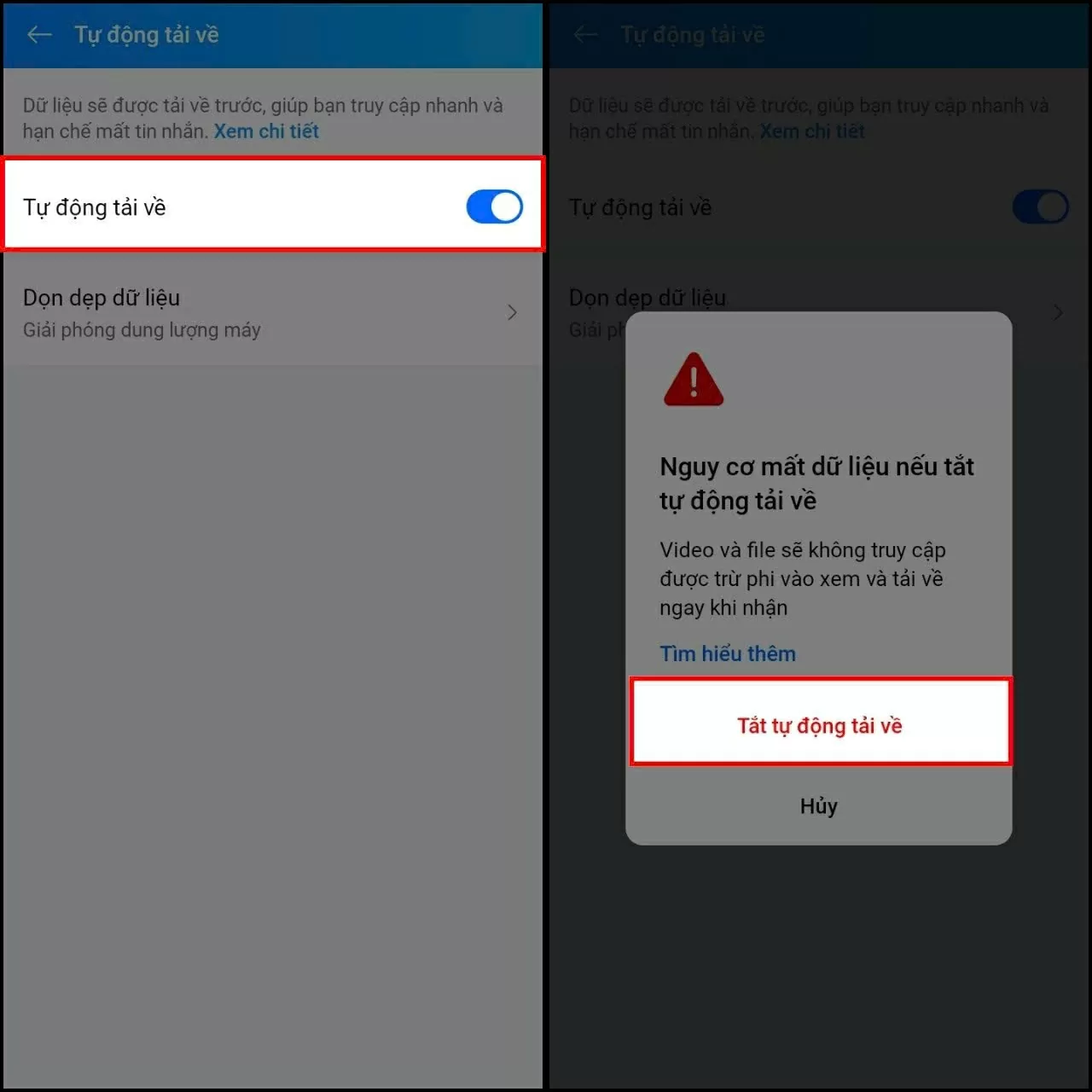 Gạt nút trong phần Tự động tải về để tắt tính năng lưu ảnh. Gạt nút trong phần Tự động tải về để tắt tính năng lưu ảnh.