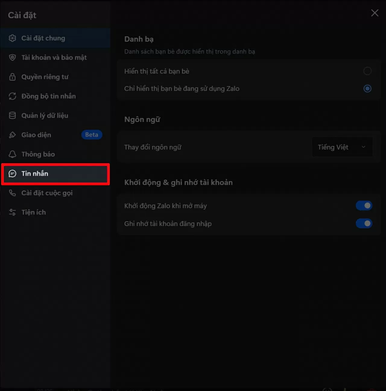 Chọn mục Tin nhắn Chọn mục Tin nhắn
