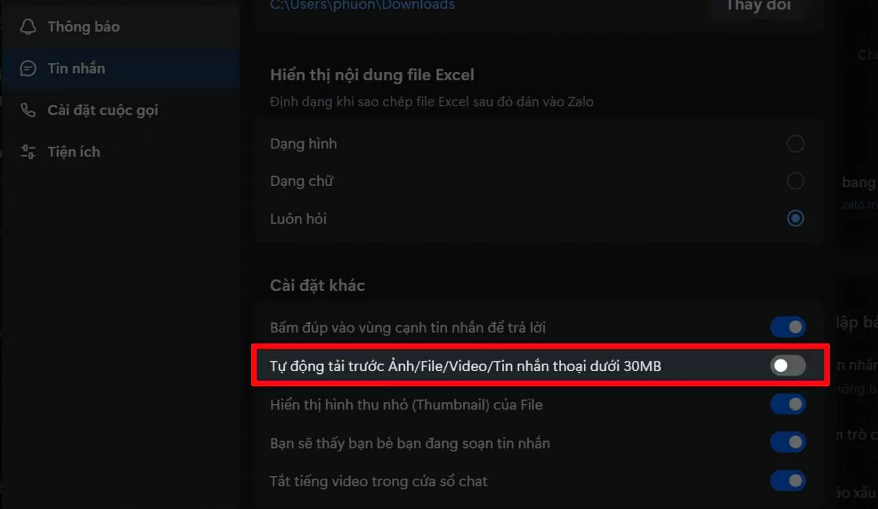Tìm mục Tự động tải trước File dưới 30Mb