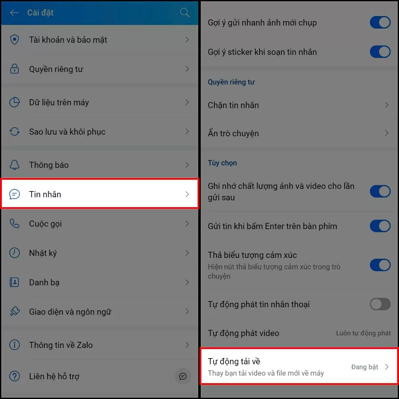 Trong cài đặt, chọn mục Tin nhắn, rồi nhấn vào Tự động tải về. Trong cài đặt, chọn mục Tin nhắn, rồi nhấn vào Tự động tải về.