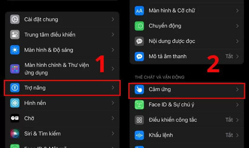 Mở Cài đặt, vào Trợ năng, chọn Cảm ứng. Mở Cài đặt, vào Trợ năng, chọn Cảm ứng.