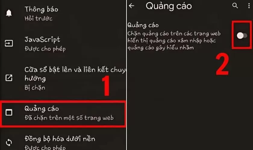Chọn mục Quảng cáo và bật tính năng chặn quảng cáo.