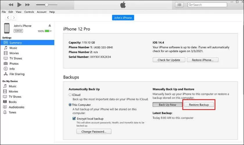 Chọn Restore Backup