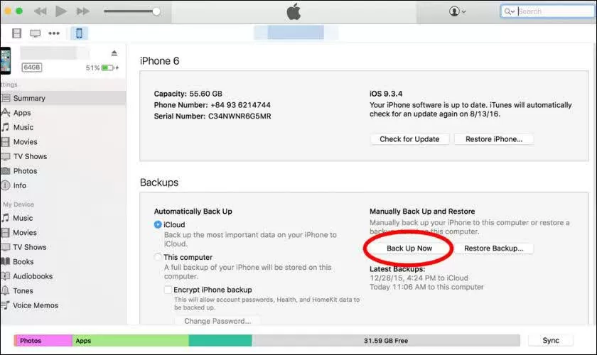 Hãy nhấn Back Up Now để sao lưu toàn bộ dữ liệu trong máy.