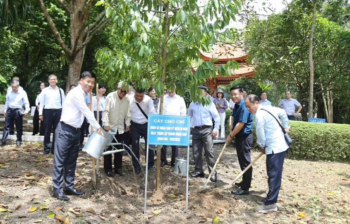Thứ trưởng Nguyễn Mạnh Cường và đoàn Bộ Ngoại giao đã trồng cây lưu niệm tại Khu di tích Bộ Ngoại giao. (Ảnh: Thành Long)