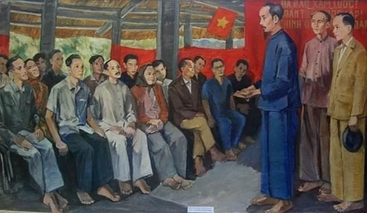 Chủ tịch Hồ Chí Minh tại Tân Trào (1945): hình ảnh Người chỉ đạo, họp bàn với lãnh đạo Việt Minh. (Ảnh tư liệu)
