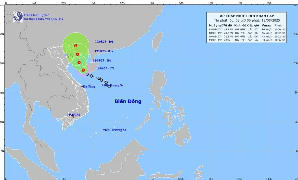 Áp thấp nhiệt đới tăng cường độ; ven biển Quảng Ninh, Hải Phòng gió mạnh lên; Đông Bắc Bộ, Thanh Hóa, Nghệ An, Hà Tĩnh, Quảng Trị mưa  to đến rất to