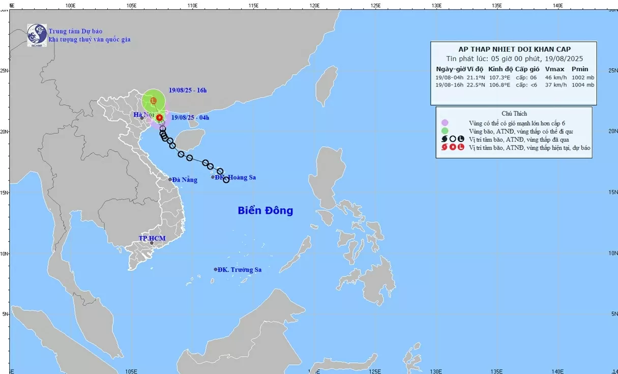 Áp thấp nhiệt đới trên vùng bờ biển các tỉnh Quảng Ninh-Hải Phòng, ngày và đêm 19/8, Đông Bắc Bộ, Thanh Hóa mưa vừa, mưa to