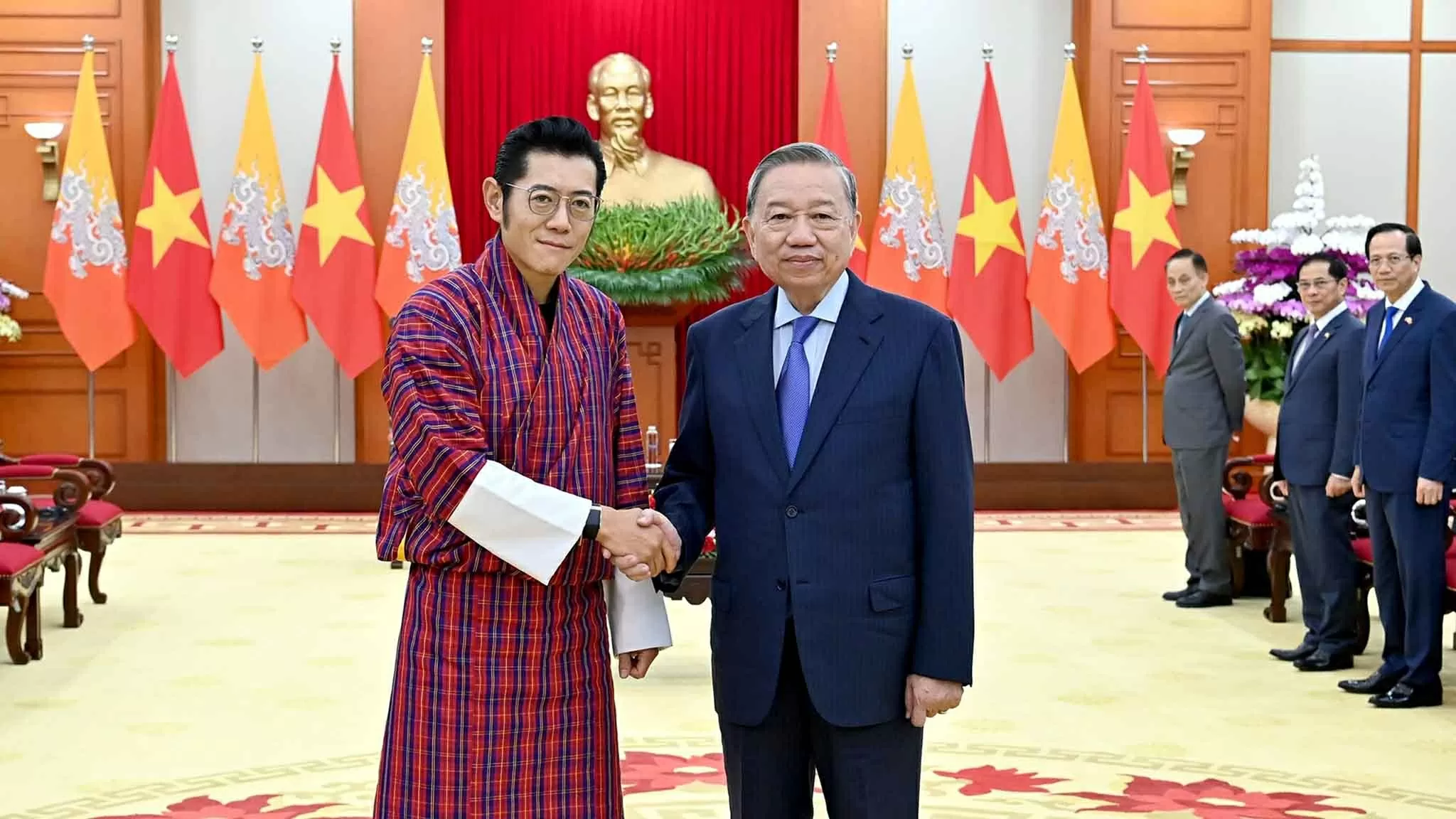 Tổng Bí thư Tô Lâm tiếp Quốc vương Bhutan Jigme Khesar Namgyel Wangchuck. (Nguồn: Báo Nhân dân)