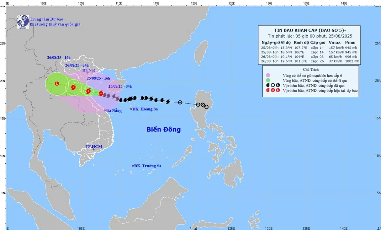 Dự báo, đến chiều nay (25/8), bão số 5 đổ bộ biển ven bờ Thanh Hóa-Bắc Quảng Trị, gió giật cấp 17