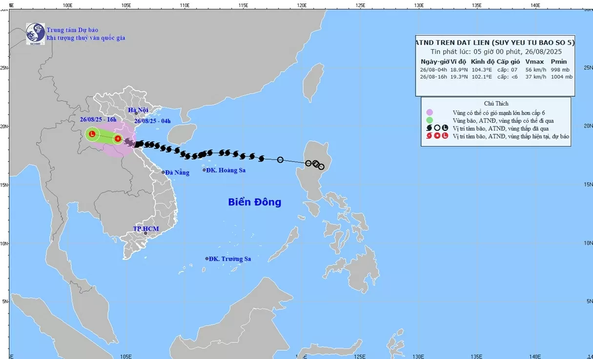 Bão số 5 suy yếu thành áp thấp nhiệt đới, di chuyển sang khu vực Trung Lào; mưa to tại một số nơi ở Bắc Bộ, từ Thanh Hoá đến Hà Tĩnh