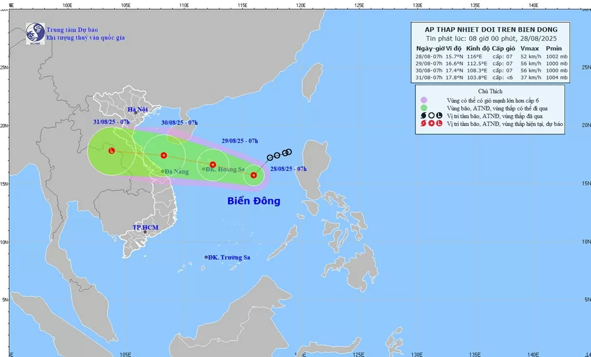 Áp thấp nhiệt đới duy trì cường độ gió giật cấp 9, sẽ di chuyển trên vùng biển đặc khu Hoàng Sa, Nghệ An đến Đà Nẵng