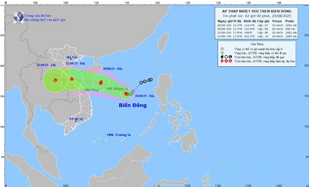 Áp thấp nhiệt đới có thể mạnh thành bão, từ đêm nay (29/8), vùng biển Nghệ An đến TP. Huế gió mạnh dần cấp 6-7, gần tâm bão giật cấp 10, sóng cao 3-5m