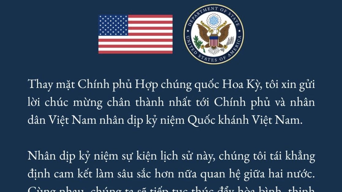 Ngoại trưởng Hoa Kỳ chúc mừng Việt Nam nhân dịp kỷ niệm 80 năm Quốc khánh