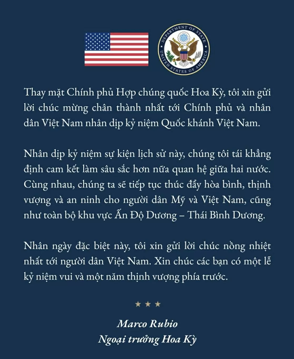 Ngoại trưởng Hoa Kỳ chúc mừng Việt Nam nhân dịp kỷ niệm 80 năm Quốc khánh