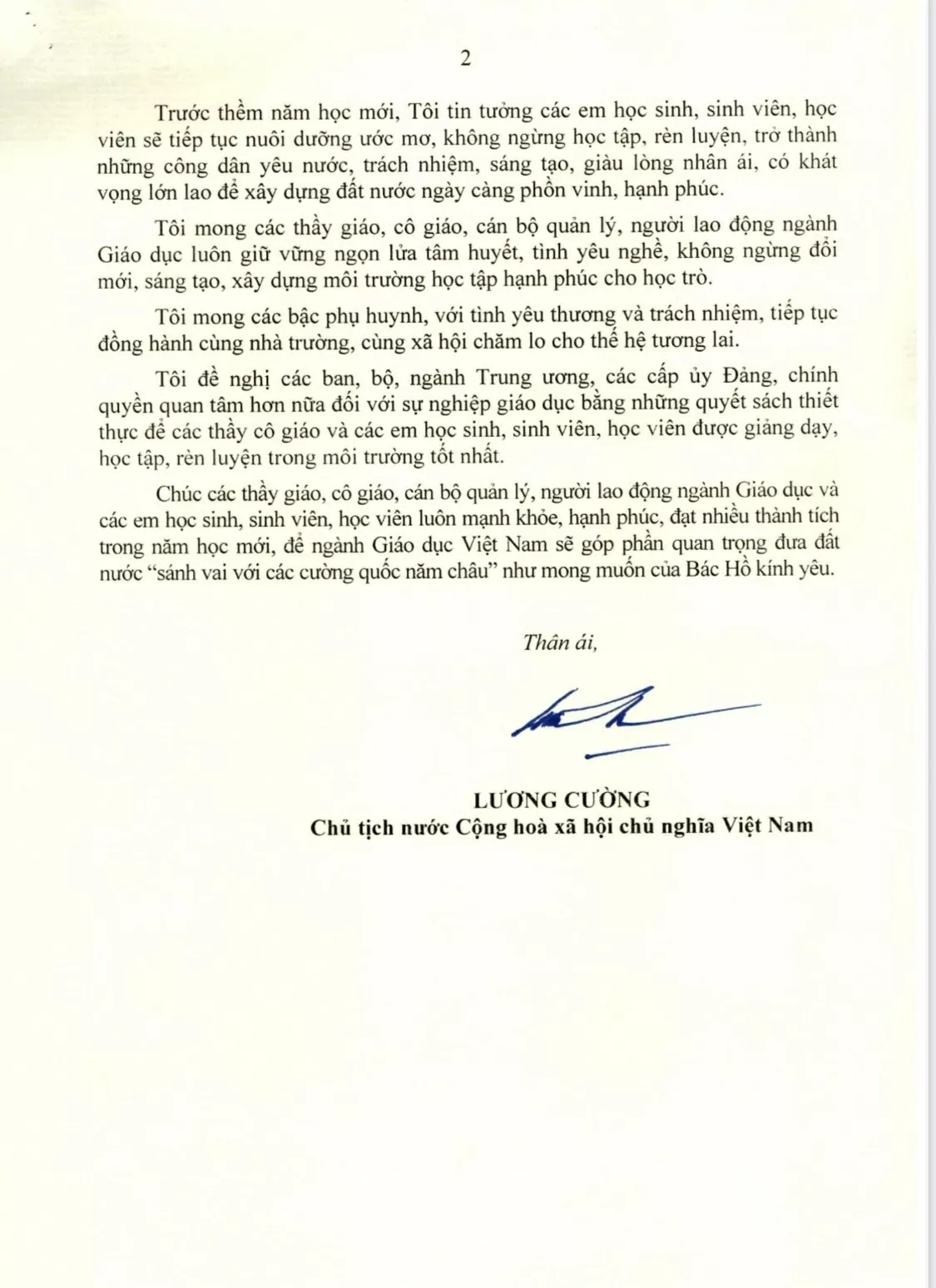 Thư của Chủ tịch nước Lương Cường gửi ngành Giáo dục nhân dịp khai giảng năm học mới