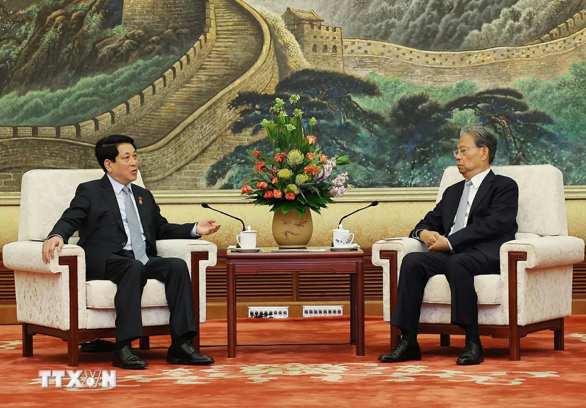 Chủ tịch nước Lương Cường hội kiến Ủy viên trưởng Nhân đại toàn quốc Trung Quốc Triệu Lạc Tế. (Nguồn: TTXVN) Chủ tịch nước Lương Cường hội kiến Ủy viên trưởng Nhân đại toàn quốc Trung Quốc Triệu Lạc Tế. (Nguồn: TTXVN)