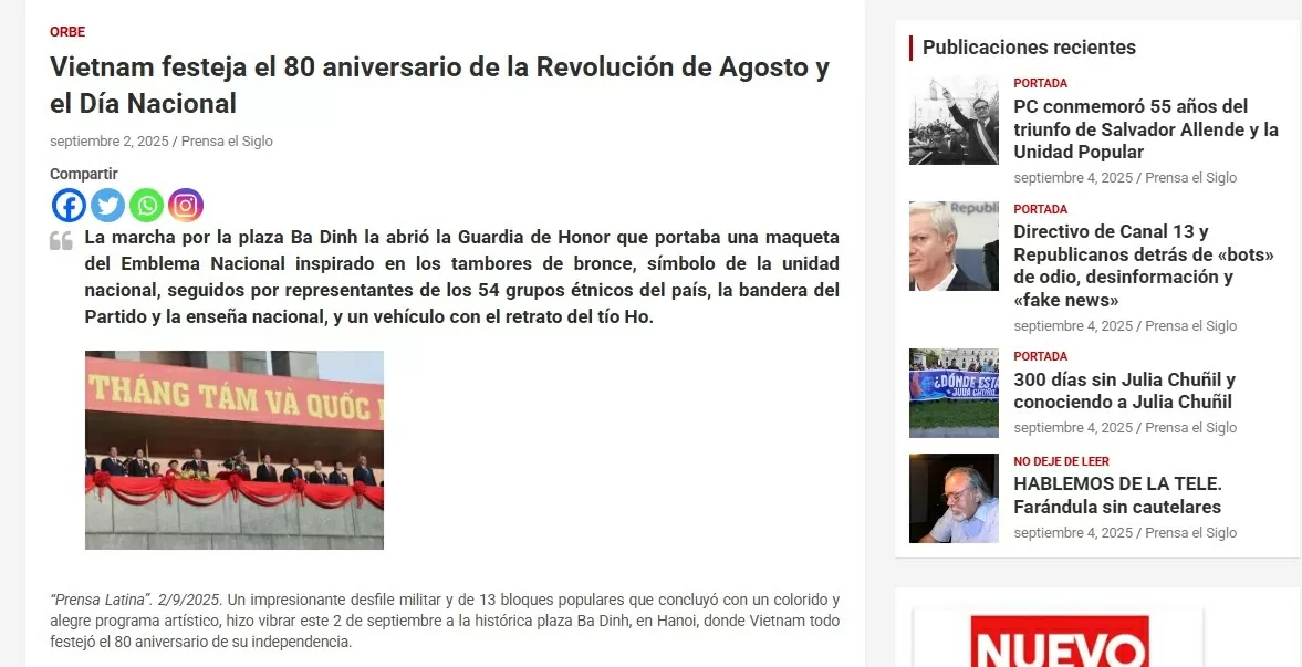 Truyền thông Mỹ Latin đề cao tinh thần đoàn kết, tự hào dân tộc của Việt Nam qua kỷ niệm 80 năm Quốc khánh Truyền thông Mỹ Latin đề cao tinh thần đoàn kết, tự hào dân tộc của Việt Nam qua kỷ niệm 80 năm Quốc khánh