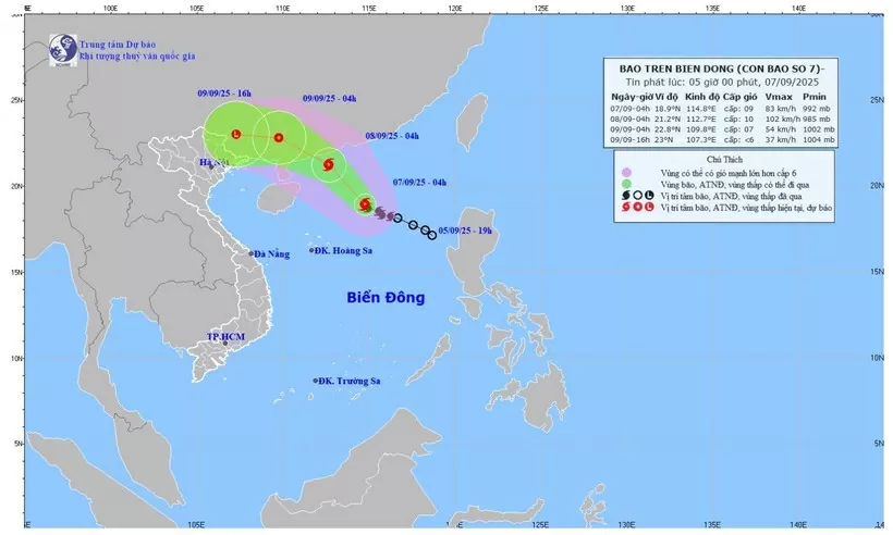 Bản đồ dự báo quỹ đạo và cường độ bão lúc 5 giờ sáng 7/9/2025. (Ảnh: Trung tâm Dự báo khí tượng thủy văn quốc gia)