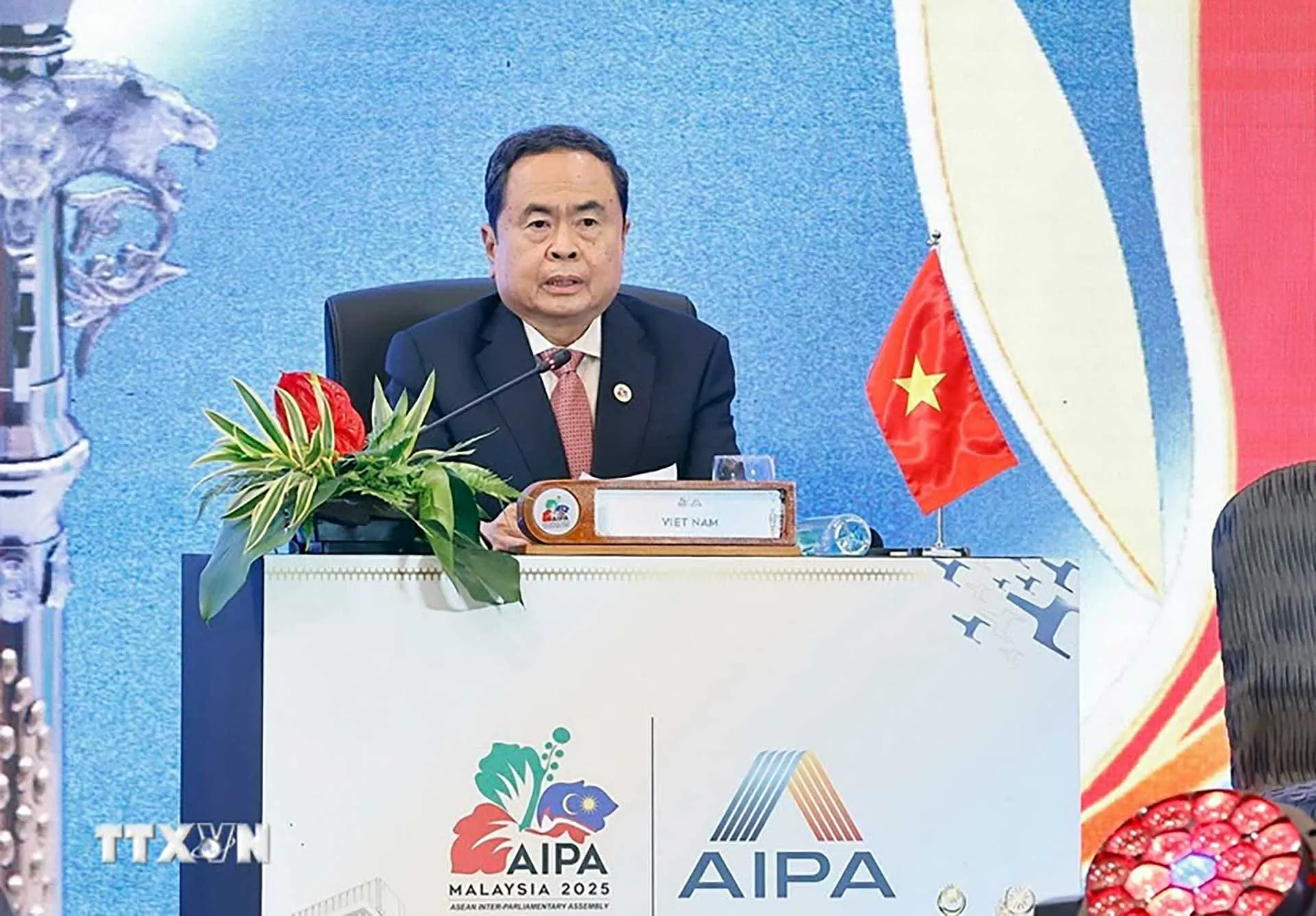 Chủ tịch Quốc hội Trần Thanh Mẫn phát biểu tại phiên toàn thể thứ nhất Đại hội đồng AIPA-46. (Nguồn: TTXVN)