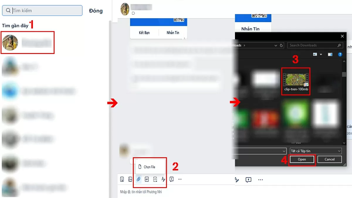 Chọn video. Vào khung chat với người nhận > bấm biểu tượng ghim > chọn Tệp.