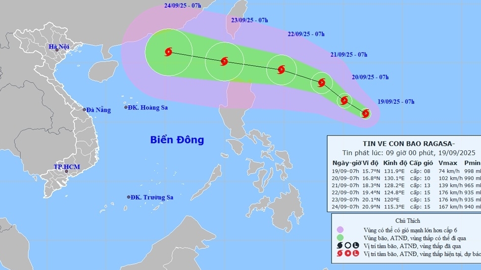 Bão Ragasa di chuyển chủ yếu theo hướng Tây Bắc, đến khoảng ngày 23/9, gió cấp 14-15, giật trên cấp 17