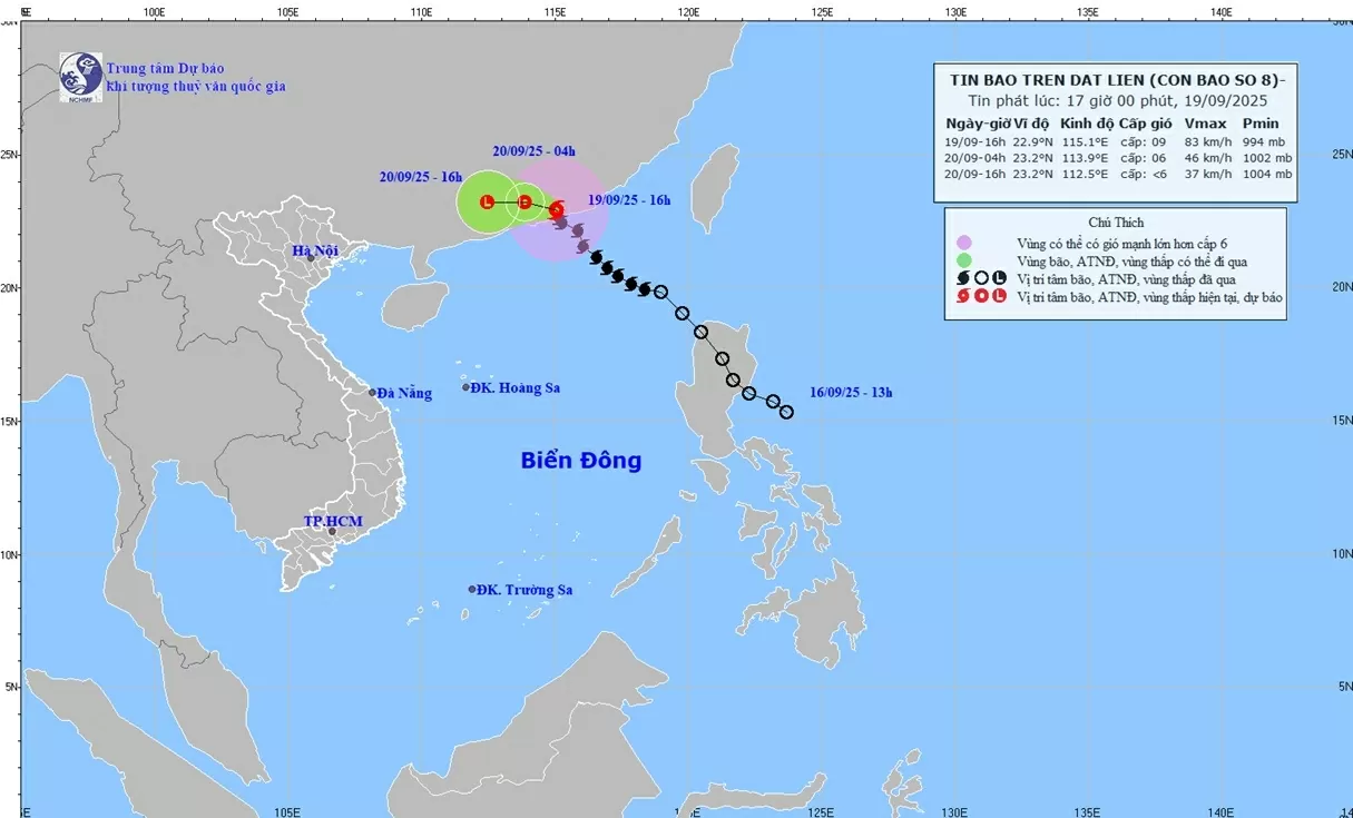 Bão số 8 di chuyển trên đất liền phía Nam tỉnh Quảng Đông, Trung Quốc và sắp suy yếu thành áp thấp nhiệt đới