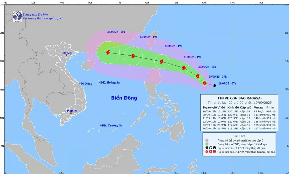 Bão Ragasa tiến gần về phía đảo Luzon, Philippines, khoảng ngày 23/9, đặc khu Hoàng Sa có thể chịu ảnh hưởng với cường độ mạnh nhất, sóng cao trên 10m