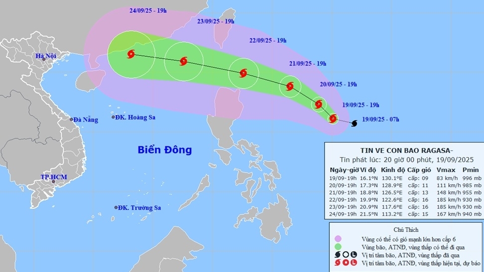 Bão Ragasa tiến dần về phía đảo Luzon, Philippines; khoảng ngày 23/9, đặc khu Hoàng Sa có thể chịu ảnh hưởng với cường độ mạnh nhất, sóng cao trên 10m