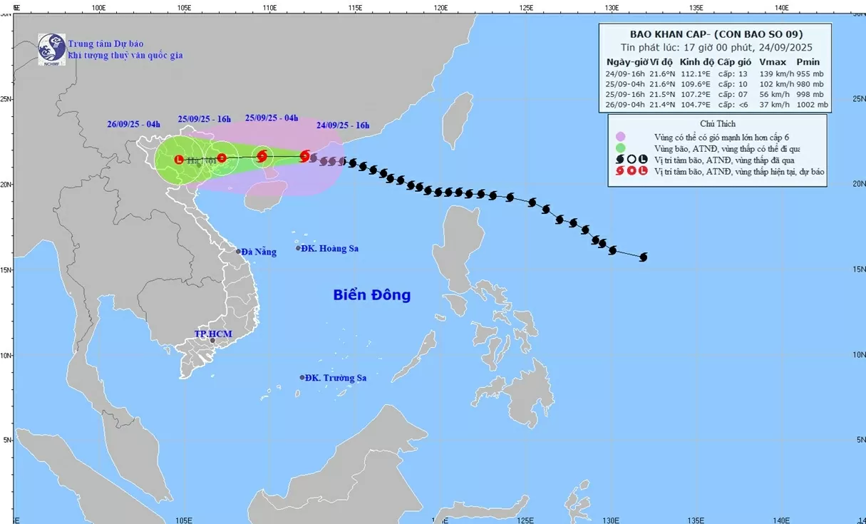 Dự báo bão số 9: Cách Móng Cái khoảng hơn 400km, chiều 25/9 tiếp tục suy yếu trên đất liền tỉnh Quảng Ninh; đề phòng mưa lớn gây ngập úng đô thị