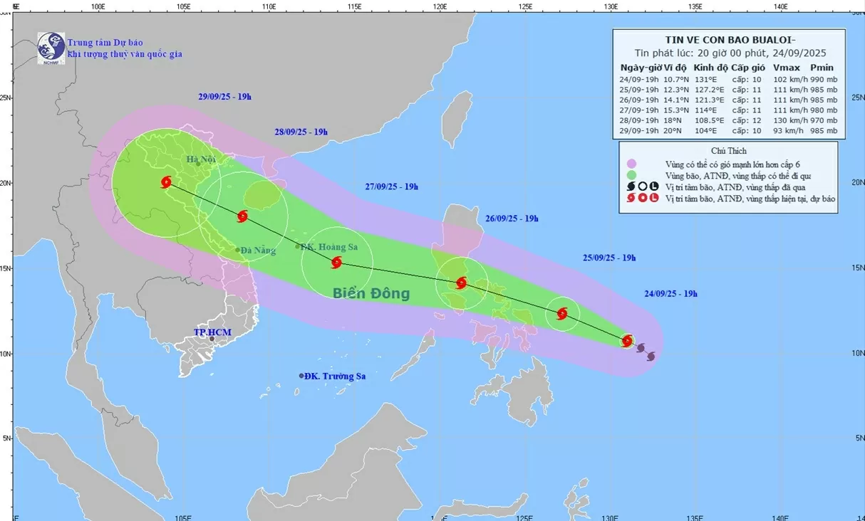 Dự báo diễn biến bão Bualoi: Gió gần tâm bão cấp 10, sẽ mạnh thêm khi di chuyển vào Biển Đông