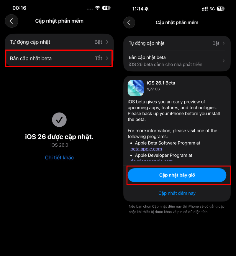 Trong phần Bản cập nhật Beta, chọn iOS 26.1 và tiến hành tải về. Trong phần Bản cập nhật Beta, chọn iOS 26.1 và tiến hành tải về.