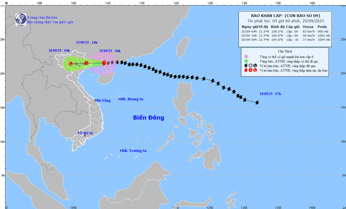 Dự báo bão số 9: Chiều nay (25/9) suy yếu thành áp thấp nhiệt đới trên đất liền khu vực Đông Bắc Bắc Bộ Dự báo bão số 9: Chiều nay (25/9) suy yếu thành áp thấp nhiệt đới trên đất liền khu vực Đông Bắc Bắc Bộ