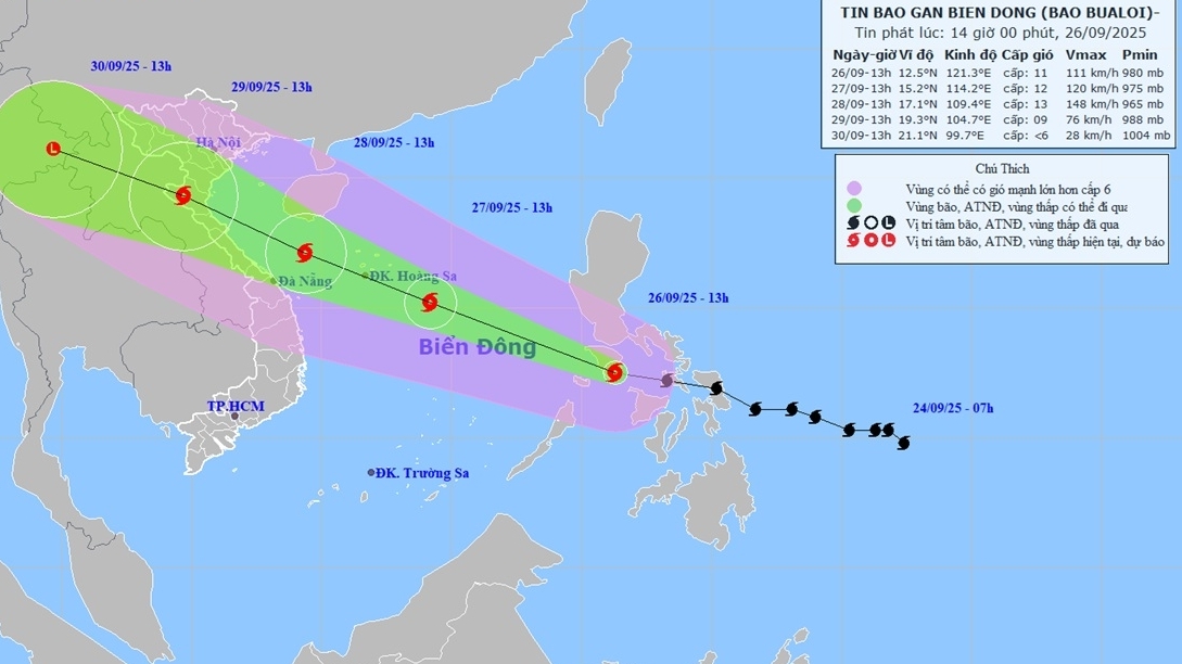 Dự báo gió mạnh, sóng lớn do bão Bualoi: Từ chiều tối 27/9, vùng biển Thanh Hoá đến Quảng Ngãi gió giật cấp 8-9, sóng cao 3-5m
