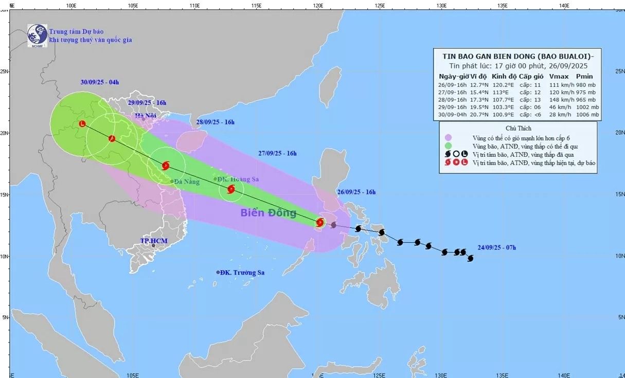 Dự báo thời tiết ngày mai (27/9): Bão Bualoi sắp vào Biển Đông, di chuyển rất nhanh, cường độ mạnh, phạm vi ảnh hưởng rộng Dự báo thời tiết ngày mai (27/9): Bão Bualoi sắp vào Biển Đông, di chuyển rất nhanh, cường độ mạnh, phạm vi ảnh hưởng rộng