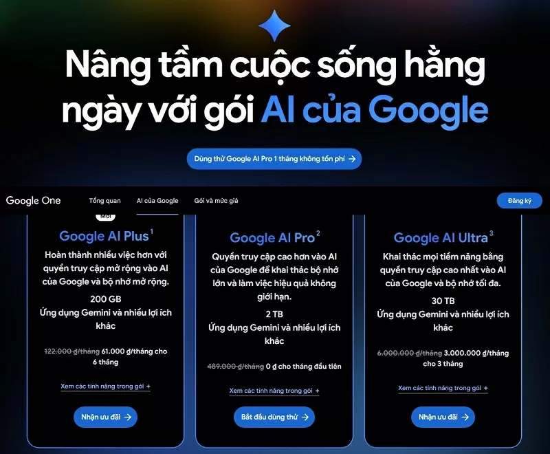 Ba gói Google AI trả phí đang cung cấp tại thị trường Việt Nam.
