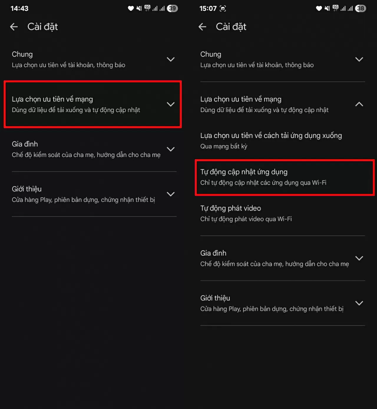 Trong menu Cài đặt, chọn Lựa chọn ưu tiên về mạng