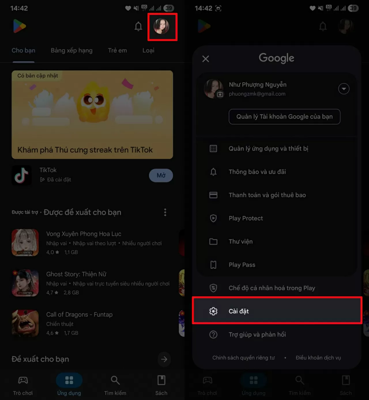Mở ứng dụng CH Play, tại màn hình chính nhấn vào biểu tượng ảnh tài khoản Google Mở ứng dụng CH Play, tại màn hình chính nhấn vào biểu tượng ảnh tài khoản Google