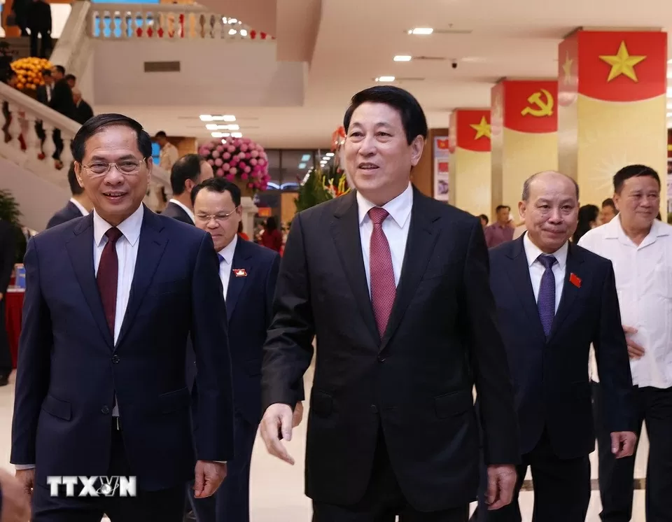 Cùng dự Đại hội với Chủ tịch nước Lương Cường là Phó Thủ tướng Chính phủ Bùi Thanh Sơn và các đại biểu từ Trung ương. (Ảnh: Lâm Khánh/TTXVN).