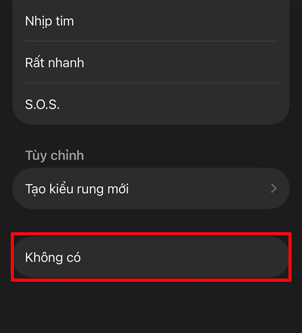 Kéo xuống cuối danh sách âm báo và chọn Không có. 