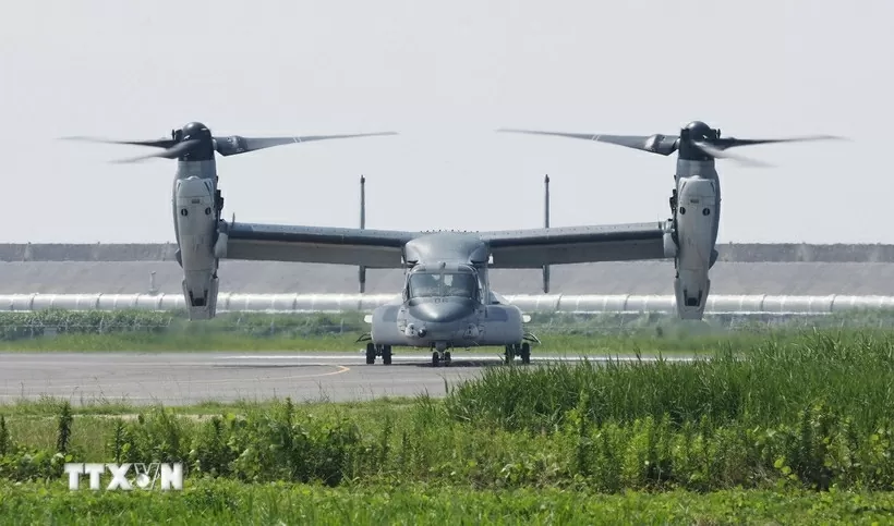 Máy bay vận tải Osprey V-22 Osprey tại căn cứ mới của GSDF ở tỉnh Saga, Nhật Bản ngày 9/7/2025. (Nguồn: Kyodo/TTXVN)