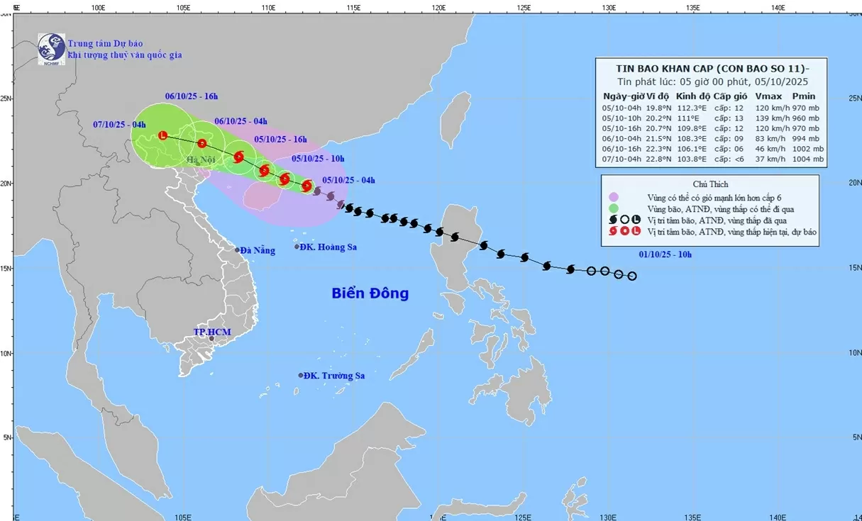 Dự báo thời tiết hôm nay (5/10): Bắc Bộ ngày nắng, đến đêm vùng núi và trung du mưa to đến rất to;  bão số 11 cách Quảng Ninh khoảng gần 250km