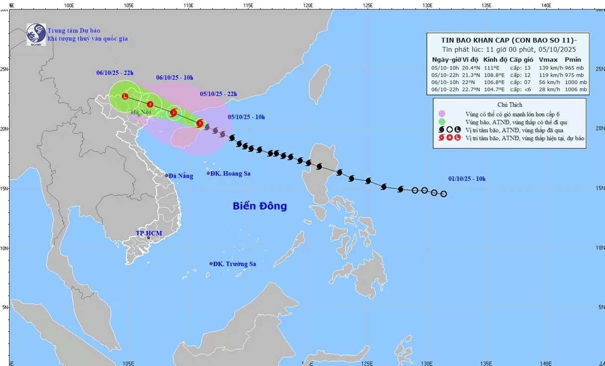Dự báo đến đêm nay (5/10), bão số 11 trên vùng biển tỉnh Quảng Ninh; khu vực Hà Nội cần đề phòng giông, lốc và gió giật mạnh, mưa to đến hết ngày 7/10