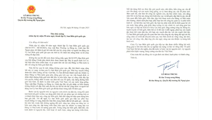 Thư chúc mừng của Bí thư Trung ương Đảng, Quyền Bộ trưởng Ngoại giao Lê Hoài Trung nhân dịp kỷ niệm 50 năm Ủy ban Biên giới quốc gia Thư chúc mừng của Bí thư Trung ương Đảng, Quyền Bộ trưởng Ngoại giao Lê Hoài Trung nhân dịp kỷ niệm 50 năm Ủy ban Biên giới quốc gia