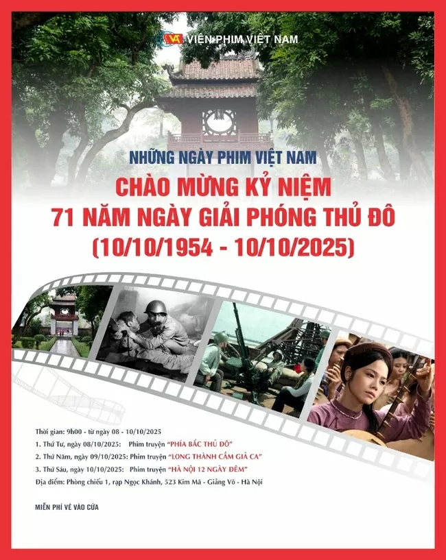 Kỷ niệm 71 năm Ngày Giải phóng Thủ đô, chiếu miễn phí 3 bộ phim kinh điển về Hà Nội Kỷ niệm 71 năm Ngày Giải phóng Thủ đô, chiếu miễn phí 3 bộ phim kinh điển về Hà Nội