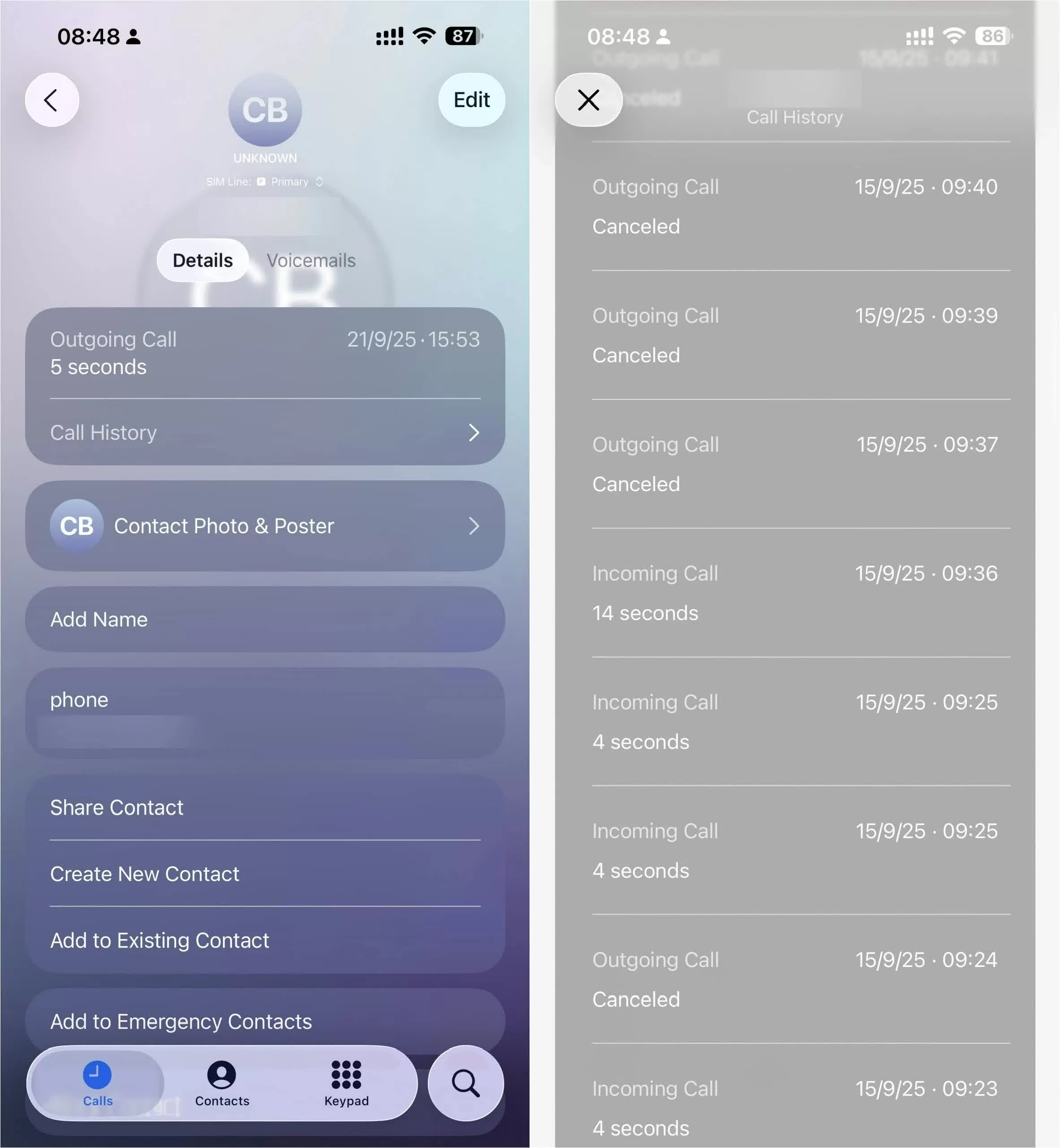 Ngay khi bạn mở mục Lịch sử cuộc gọi, một danh sách chi tiết sẽ xuất hiện.